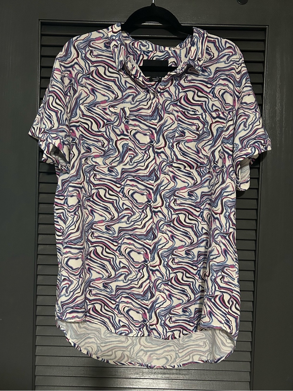 Wildfang Empower Short Sleeve Button Up in trippy purple blue print